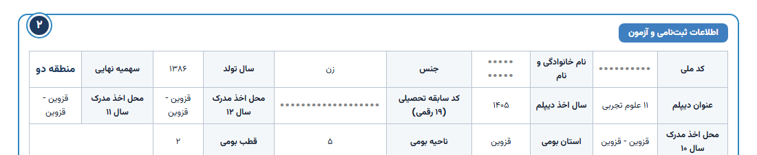 بخش ۲ کارنامه: اطلاعات ثبتنامی و آزمون، سهمیه نهایی، محل اخذ مدرک و استان و ناحیه و قطب بومی